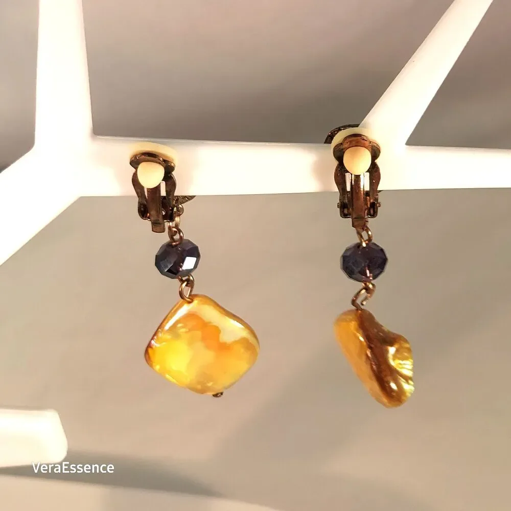 Gold Tone Large Natural Baroque Vintage Pearls Clip on Dangle Earrings 2.25